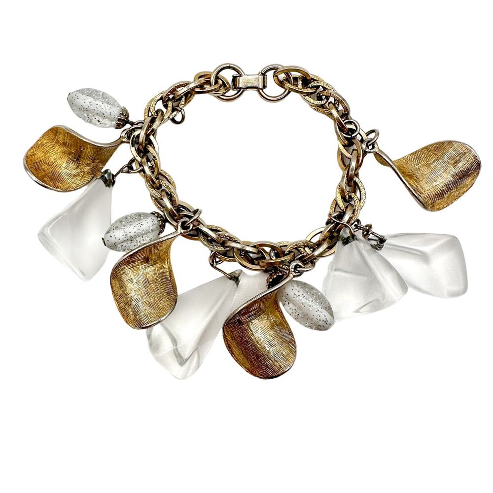 Coro 1960s Charm Bracelet Lucite Moon Rock Textured Gold Plate Double Link